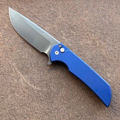 Pro-Tech Mordax Button Lock Flipper Solid Navy Handle Smoky Gray DLC 20CV Blade BST26.MORDAX.2