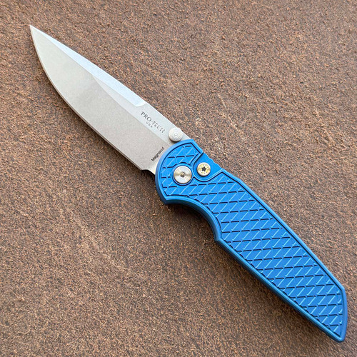 Pro-Tech TR-3 Integrity Button Lock Relic Textured Blue Handle Stonewash MagnaCut Blade BST26.INT.1