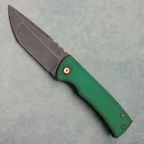 Chaves Knives Redencion 229 Kickstop Flipper Tanto Green Dragon Scale Titanium Handle Acidwash Blade
