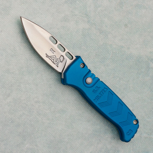 Dalton CS Militia Auto Blue Handle Satin Biker Babe Vented Blade