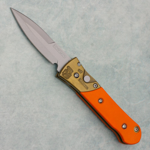Dalton Moe Auto Brass Handle w/ Orange G10 Inlays  Bead Blast Blade