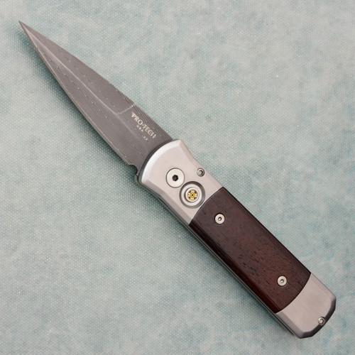 Pro-Tech Godson Custom Steel Handle w/ Cocobolo Wood Inlays Damascus Blade Mosaic Button (Consignment)