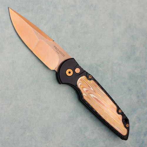 Pro-Tech TR-3 Black Fish Scale Handle w/ Aftermarket Mokume Inlay Hand Compound Ground Stonewash Rose Gold Blade (Consignment)