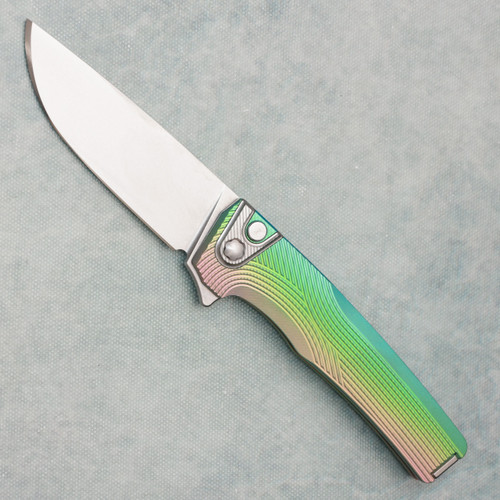 MachineWise Sonora Button Lock Flipper Vertical Pearl Fade Streamline Pattern Titanium Integral Handle Titanium Bolster Stonewashed S90V Blade