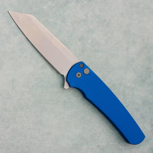 Pro-Tech Malibu Button Lock Flipper Reverse Tanto Textured Blue Handle Stonewash M390 Blade DLT.MALIBU.3 (Pre-owned)