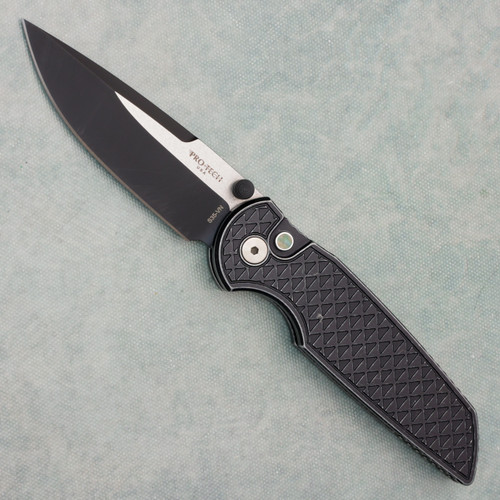 Pro-Tech TR-3 Integrity Button Lock Relic Textured Battleworn Black Handle 2-tone DLC/Satin Blade FB Group Exclusive (Pre-owned)