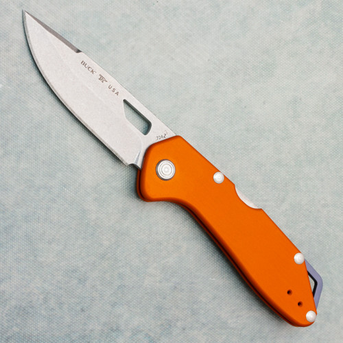 Buck 724 Mustang Back Lock Orange Aluminum Handles 420HC Stonewash Blade 14398