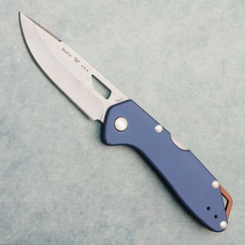 Buck 724 Mustang Back Lock Dark Blue Aluminum Handles 420HC Stonewash Blade 14396