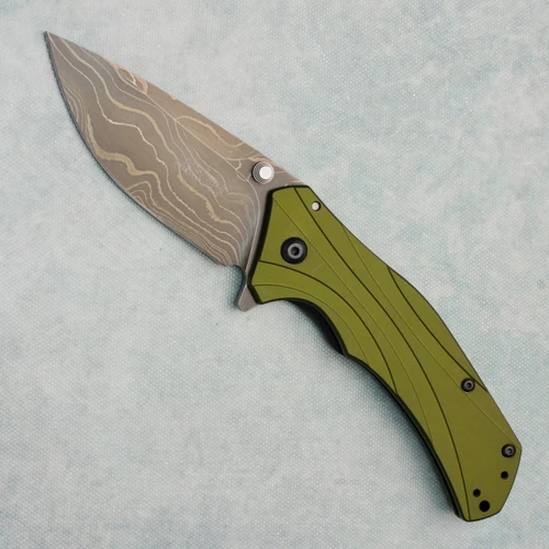 Kershaw Knockout Assisted Frame Lock Olive Green Aluminum Handles Damascus Blade 1870OLDAM (Pre-owned)