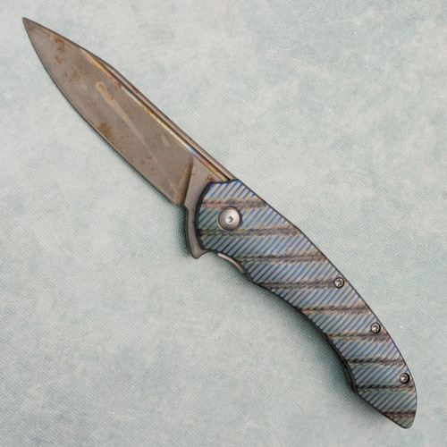 Peter Martin Frame Lock Flipper Blue Heat Anodized Titanium Handles Distressed Heat Colored Blade