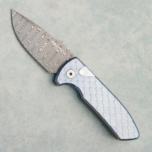 Pro-Tech Les George SBR Custom Blue Double Feather Textured Ti Handle w/ Bronze Chamfers Vegas Forge Damascus Blade Pearl Button 2023SBRCUSTOM003