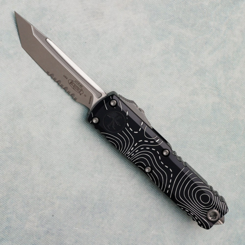 Microtech UTX-85 Gen IV T/E Topographic Black Handle Stonewash Part Serrated Blade 12334-11TP
