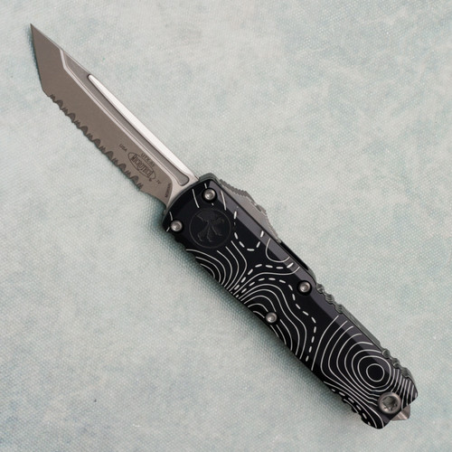 Microtech UTX-85 Gen IV T/E Topographic Black Handle Stonewash Full Serrated Blade 12334-12TP