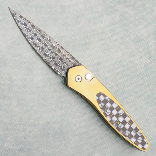 Pro-Tech Newport Auto Unique Titanium Custom Gold Titanium Handle w/ Checkered Natural Stone Inlay Damascus Blade
