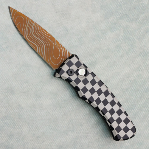 Pro-Tech Duke 2 Auto Lasered Checkered Black Aluminum Handles Tan Topo MagnaCut Blade Pearl Button AE CUSTOM SHOP (Pre-owned)