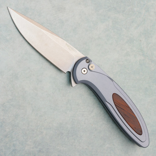 Pro-Tech Cambria 2 Flipper Button Lock Grey aluminum Handles w/ Cocobolo Wood Inlay Stonewash MagnaCut Blade Prototype NYCKS.CAMBRIA.2 (Cracks In Wood)