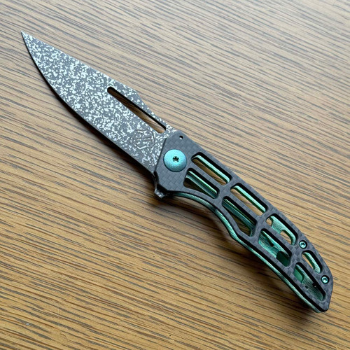 John Gray Custom Slitter V2 Frame Lock Ported Carbon Fiber/Ported Green Titanium Handle Dark Rain MagnaCut Blade