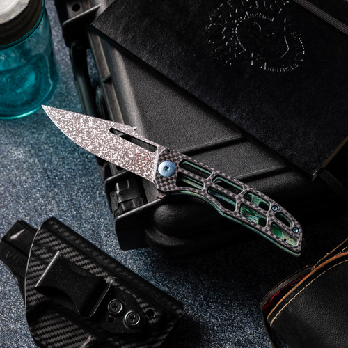 John Gray Custom Slitter V2 Frame Lock Ported Carbon Fiber/Ported Green Titanium Handle Dark Rain MagnaCut Blade