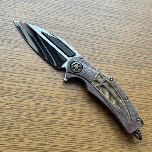 Marfione Custom Matrix-R "The Last Crusade" Frame Lock Blood Wash Finish Crusader Cross Titanium Handle Mirror Polish Blade w/ Carbon Fiber Inlay Steel Flame Clip