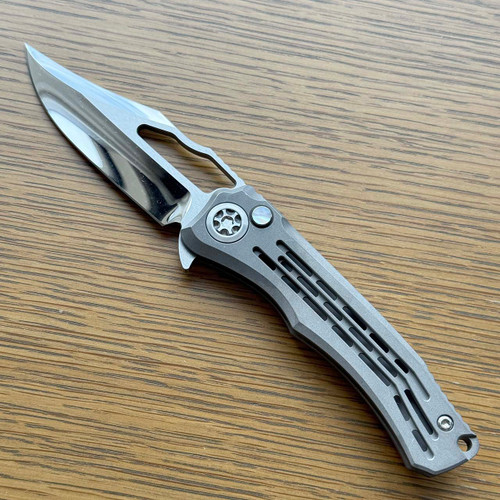 Heretic Knives Custom Wraith V4 Manual Bowie Vented Distressed Titanium Handle Hand Ground Cracked Ice M390 Blade Mother of Pearl Button Inlay