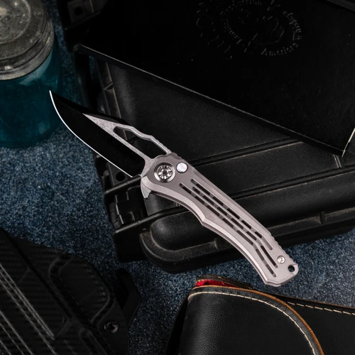 Heretic Knives Custom Wraith V4 Manual Bowie Vented Distressed Titanium Handle Hand Ground Cracked Ice M390 Blade Mother of Pearl Button Inlay