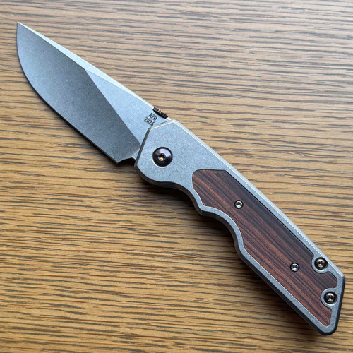 A2D Attn2Detail Mercantile Mark 3 Large Framelock Folder Brightwah Titanium Handle w/ Desert Ironwood Inlay Stonewash/Satin Drop Point Rising Grind Magnacut Blade