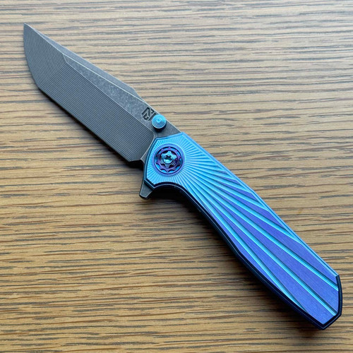 NCC Knives Ragnarok V7 Frame Lock Cracked Ice Blue/Purple Solar Flare Titanium Handles Acidwash Harpoon Blade