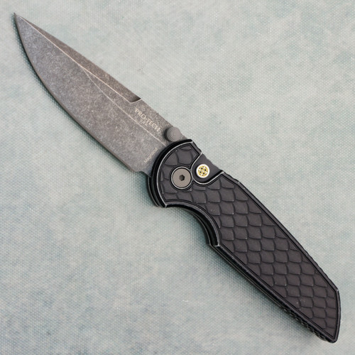 Pro-Tech TR-3 Integrity Button Lock Battleworn Reptile Textured Black Handle Acidwash MagnaCut Blade BSA26.INT.1