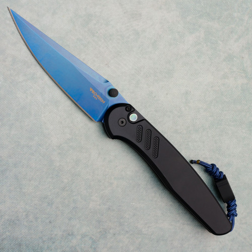 Pro-Tech Avalon Button Lock Solid Black Handle Sapphire Blue PVD Blade BSA26.AVALON.1
