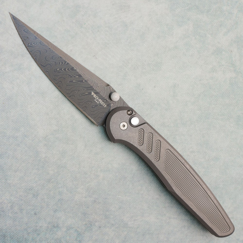 Pro-Tech Avalon Button Lock Knurled 17-4 Stainless Steel Handle Chad Nichols Boomerang Damascus Blade 2026AVALONCUSTOM005