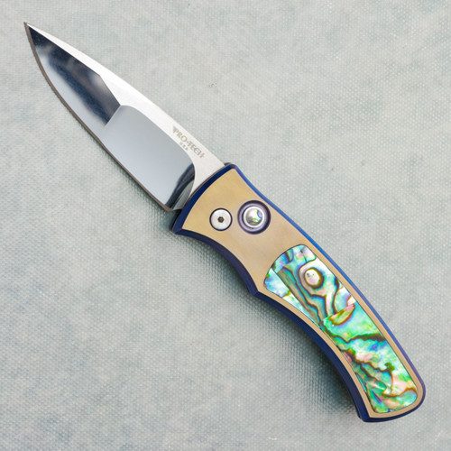 Pro-Tech Duke 2 Auto 2-Tone Gold/Blue Titanium Handles w/ Mosaic Abalone Inlay Mike Irie Mirror Polish Blade 2026DUKECUSTOM003