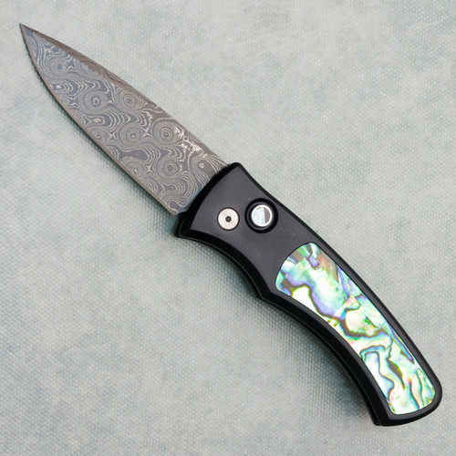 Pro-Tech Duke 2 Auto Black Aluminum Handles w/ Mosaic Abalone Inlay Chad Nichols Raindrop Damascus Blade 2026DUKECUSTOM007