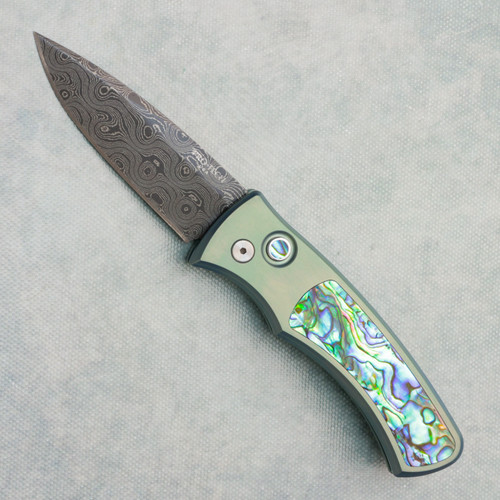 Pro-Tech Duke 2 Auto Seafoam Green Titanium Handles w/ Mosaic Abalone Inlay Chad Nichols Raindrop Damascus Blade 2026DUKECUSTOM005