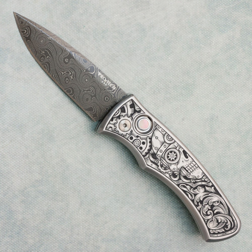 Pro-Tech Duke 2 Auto Steampunk Ultimate Custom Satin 17-4 Stainless Steel Handles Hand Engraved By Tyler Prince Chad Nichols Raindrop Damascus Blade 2026DUKECUSTOM006
