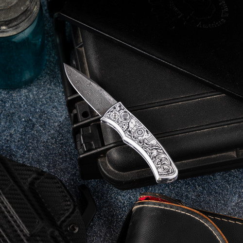 Pro-Tech Duke 2 Auto Steampunk Ultimate Custom Satin 17-4 Stainless Steel Handles Hand Engraved By Tyler Prince Chad Nichols Raindrop Damascus Blade 2026DUKECUSTOM006