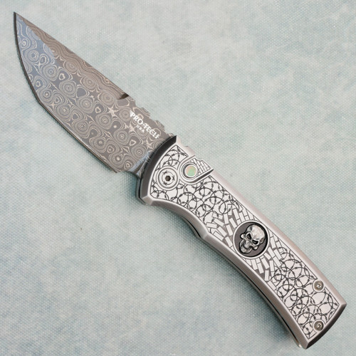 Pro-Tech Chaves 2026 Redencion Custom 005 Ultimate Custom 17-4 Steel Handles Bruce Shaw Hand Engraved Jail Break & Skulls Vegas Forge Damascus Tanto Blade