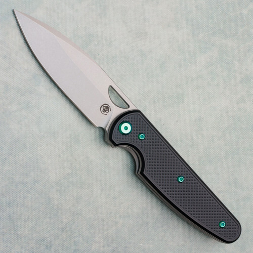 Chaves Knives Brad Blount Phase 229 Blue Label Black Knurled Aluminum Handle Stonewash Blade Green Hardware