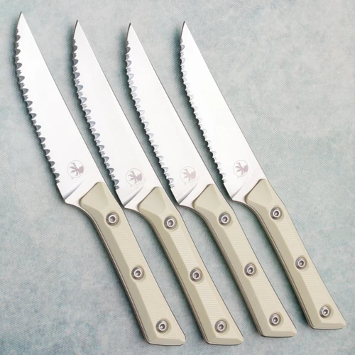 Microtech Steak Knife Set Ivory G-10 Handle Stonewash Full Serrated 3600-12SETIV