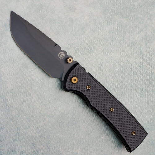 Chaves Knives Blue Label Redencion 229 Liner Lock Black Knurled Aluminum Handles Black PVD 154CM Drop Point Blade Bronze Hardware
