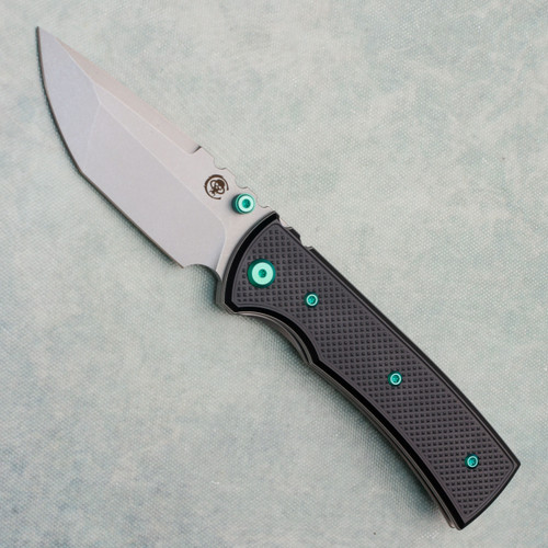 Chaves Knives Blue Label Redencion 229 Liner Lock Black Knurled Aluminum Handles Stonewash 154CM Tanto Blade Green Hardware
