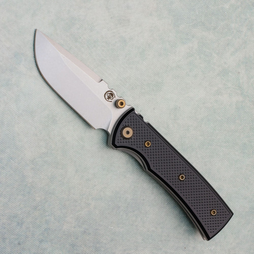 Chaves Knives Blue Label Redencion Street Liner Lock Black Knurled Aluminum Handles Stonewash 154CM Drop Point Blade Bronze Hardware