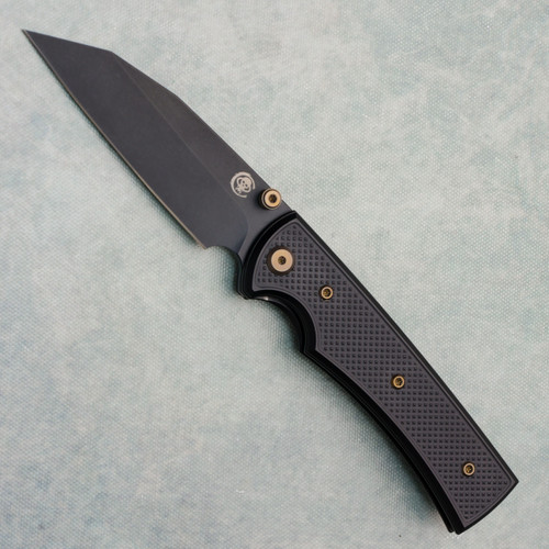 Chaves Knives Blue Label Sangre 229 Wharncliffe Black Knurled Aluminum Handles Black PVD 154CM Blade Bronze Hardware