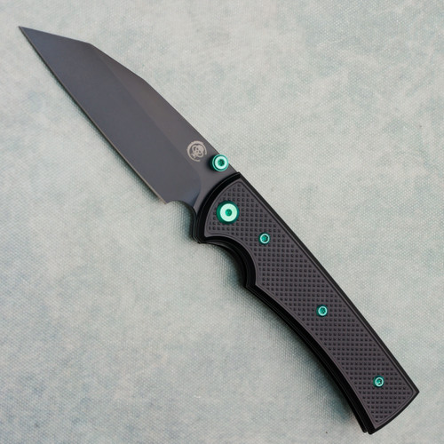 Chaves Knives Blue Label Sangre 229 Wharncliffe Black Knurled Aluminum Handles Black PVD 154CM Blade Green Hardware