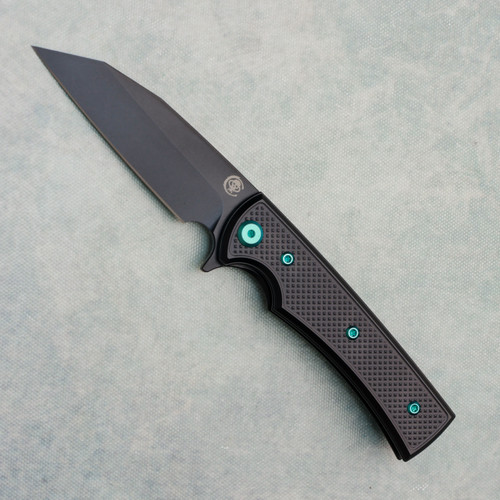 Chaves Knives Blue Label Sangre Street Wharncliffe Black Knurled Aluminum Handles Black PVD 154CM Blade Green Hardware