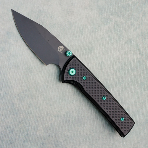 Chaves Knives Blue Label Scapegoat Street Black Knurled Aluminum Handles Black PVD 154CM Blade Green Hardware