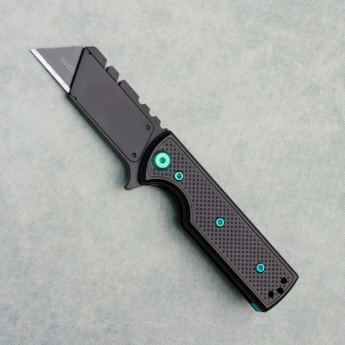 Chaves Knives Blue Label CHUB Flipper Handy Utility Blade Black Knurled Aluminum Black Blade Carrier Green Hardware