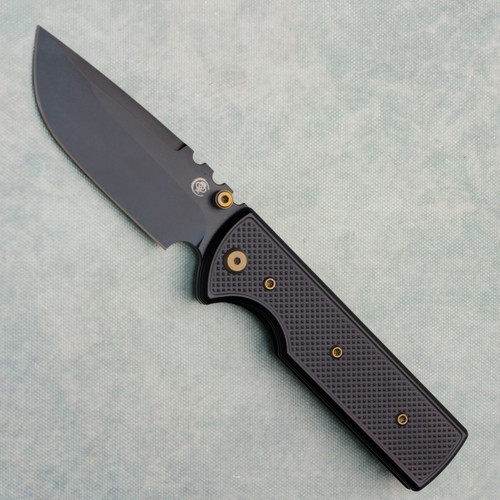 Chaves Knives Blue Label N.T.A.K. Liner Lock SE Drop Point Black Knurled Aluminum Handle Black PVD 154CM Blade Bronze Hardware
