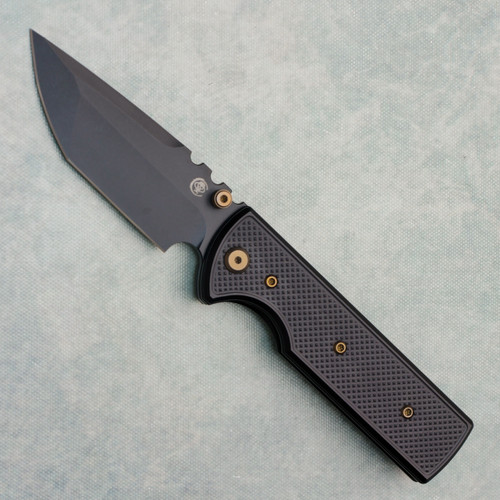 Chaves Knives Blue Label N.T.A.K. Liner Lock Black Knurled Aluminum Handle Black PVD 154CM Tanto Blade Bronze Hardware