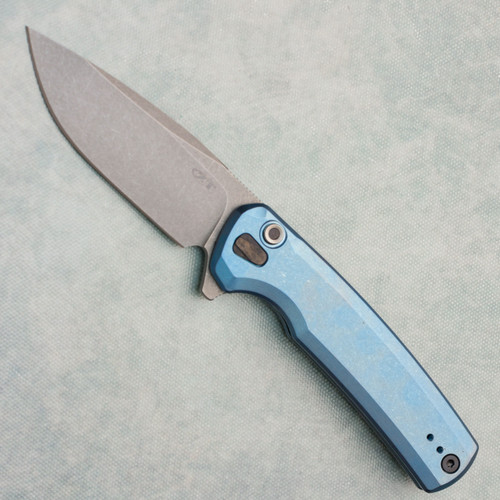 Zero Tolerance 0044BLU Button Lock Flipper Blue Titanium Handles Dark Stonewash S90V Blade