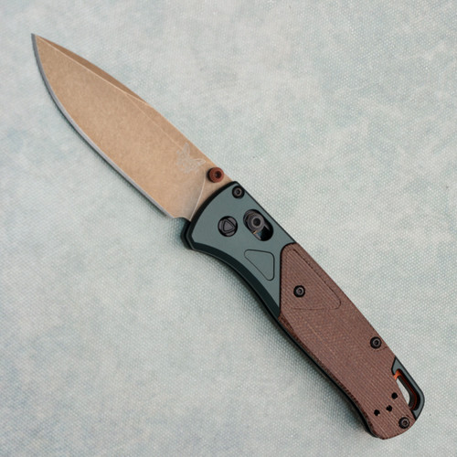 Benchmade Bugout Axis Lock Taiga Green Aluminum Handles w/ Brown Canvas Micarta Onlays FDE BAttlewash PVD S90V Blade Seasonal Release 535FE-2602
